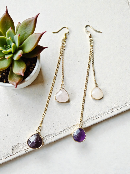 Rose Quartz and Amethyst Gemstone Dangles on Golden Chains Long Dangle Earrings