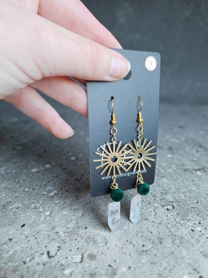 Quartz Crystal Points on Golden Suns with Emerald Felt Accent Upcycled Dangle Earrings