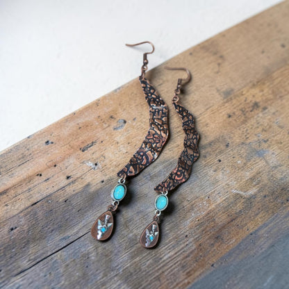 Copper and Turquoise Abstract Moon Western Earrings