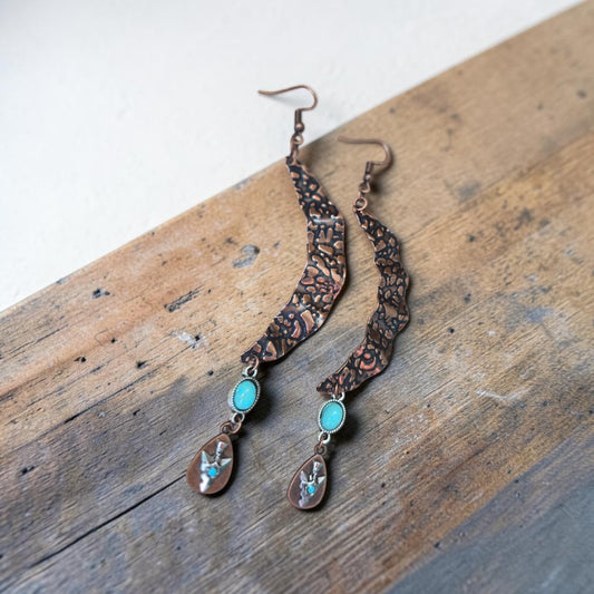 Copper and Turquoise Abstract Moon Western Earrings