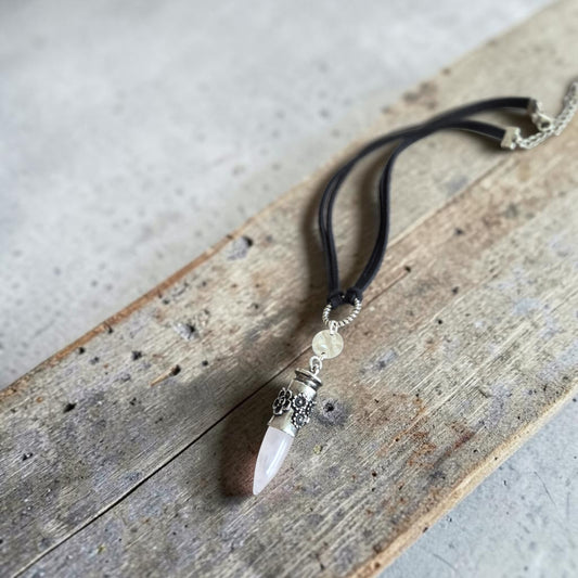 Rose Quartz Bullet on Black Leather Choker Necklace