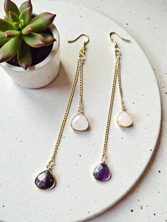 Rose Quartz and Amethyst Gemstone Dangles on Golden Chains Long Dangle Earrings