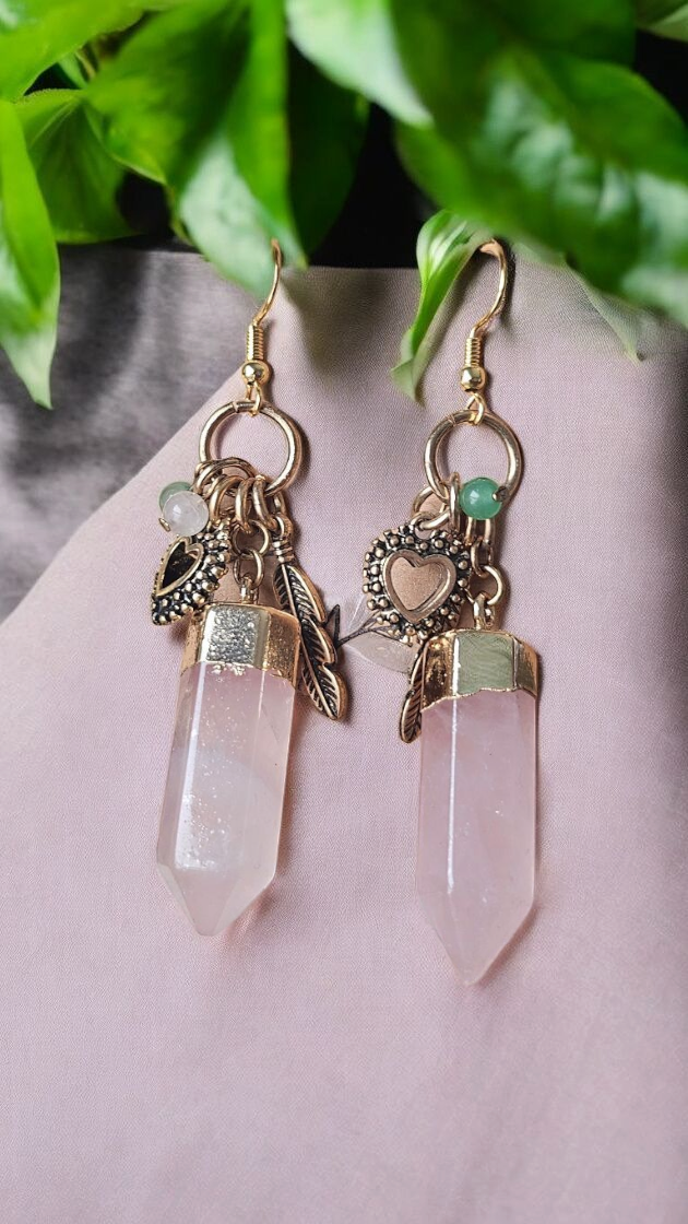 Rose Quartz Crystal & Charms Dangle Earrings