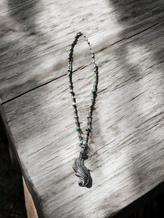 Upcycled Olive and Silver Necklace with Abstract Leaf Pendant