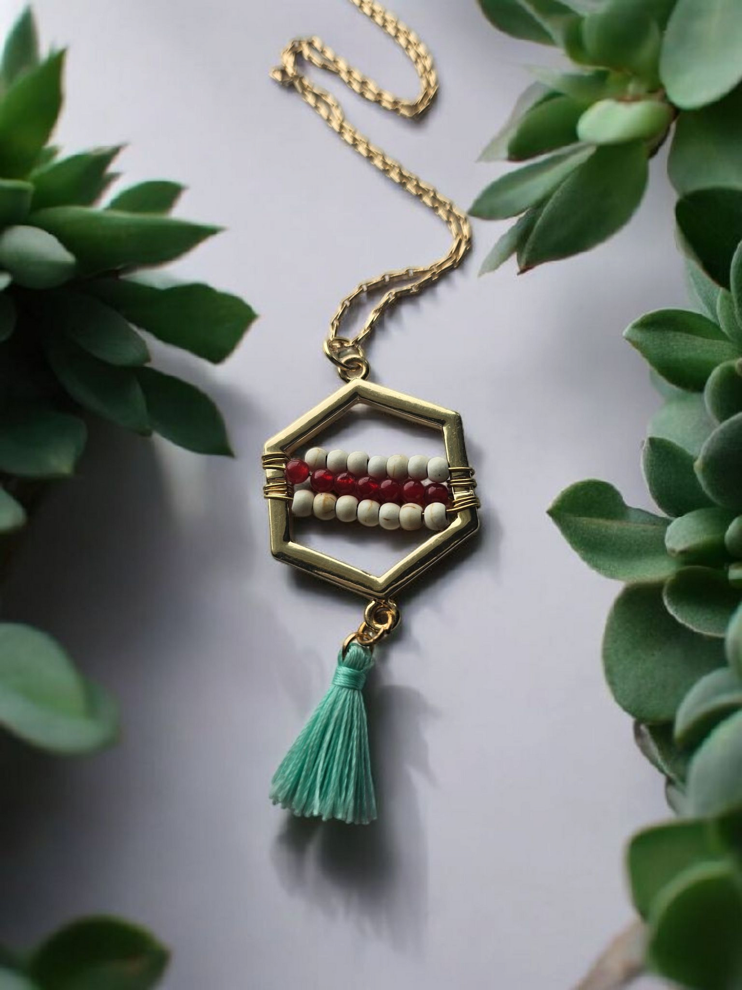 Red White and Teal Beads and Tassles Gold Necklace