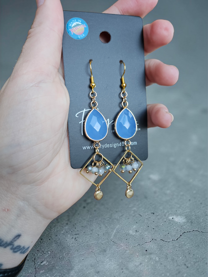 Gemstone Teardrops with Geometric Accents and Beads Dangle Earrings