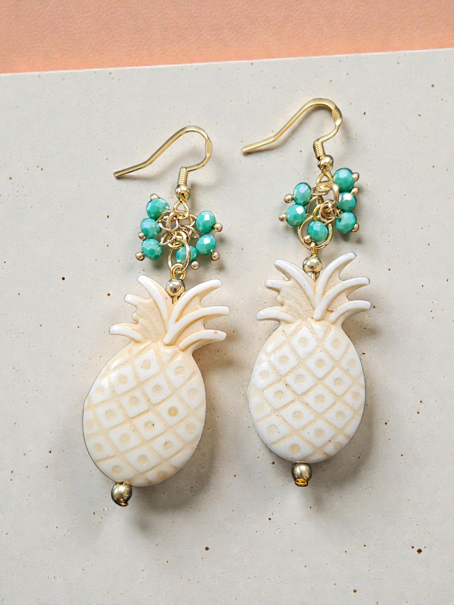 Ivory Pineapples with Teal Shimmer Bead Clusters Dangle Earrings