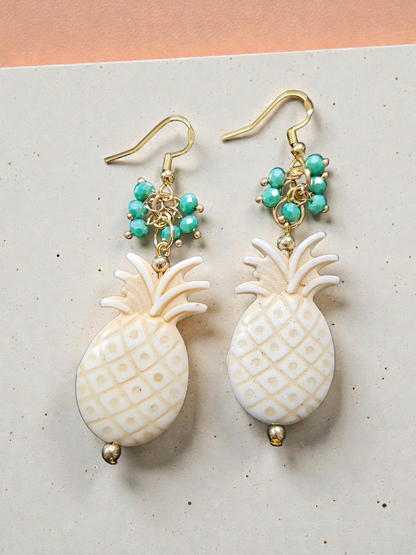 Ivory Pineapples with Teal Shimmer Bead Clusters Dangle Earrings