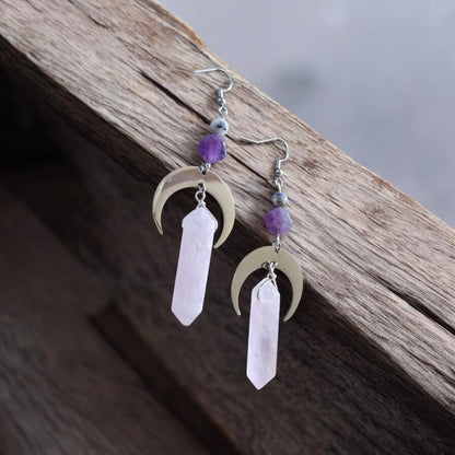 Rose Quartz, Amethyst, and Lapis Lazuli Crescent Moon Dangle Earrings