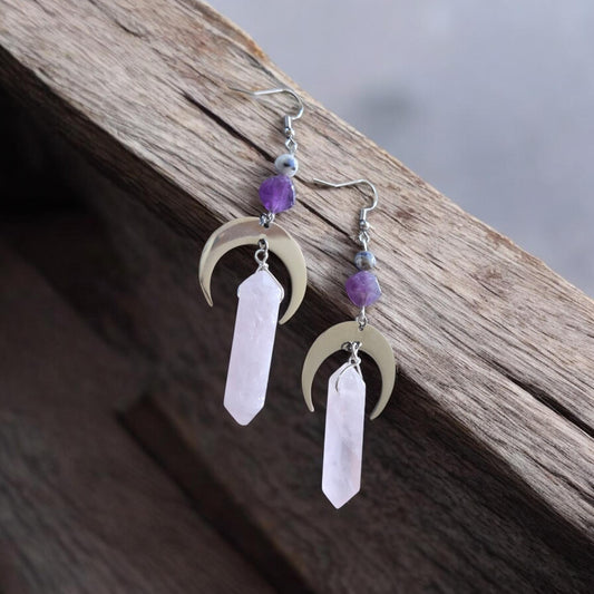 Rose Quartz, Amethyst, and Lapis Lazuli Crescent Moon Dangle Earrings
