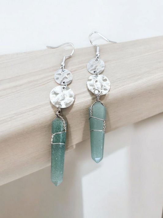Hammered Silver Circles with Large Aventurine Crystal Points Long Dangle Earrings