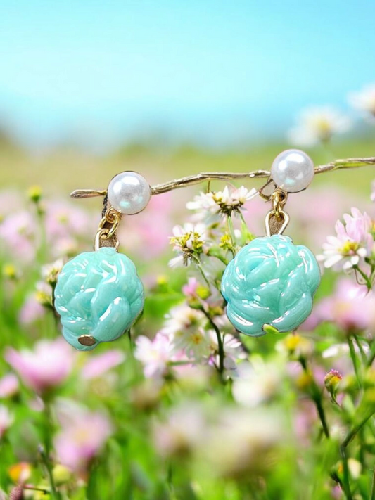 Teal Flower and Pearl Stud Dangle Earrings