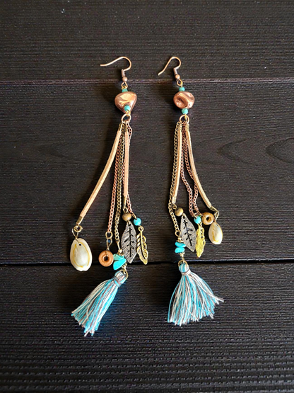 Upcycled Copper Beads with Extra Long Mixed Tassels Dangle Earrings