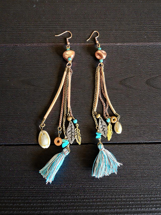Upcycled Copper Beads with Extra Long Mixed Tassels Dangle Earrings