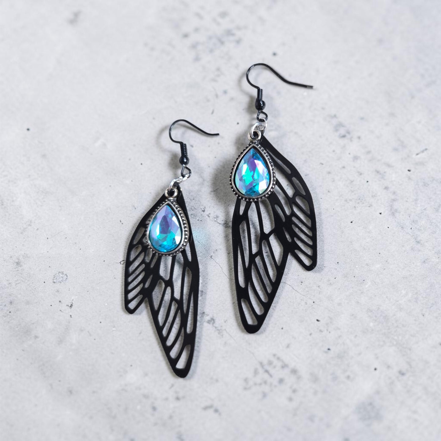 Black Moth Wings with Iridescent Gems Dangle Earrings