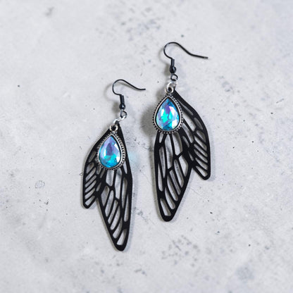 Black Moth Wings with Iridescent Gems Dangle Earrings