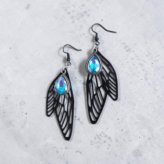 Black Moth Wings with Iridescent Gems Dangle Earrings