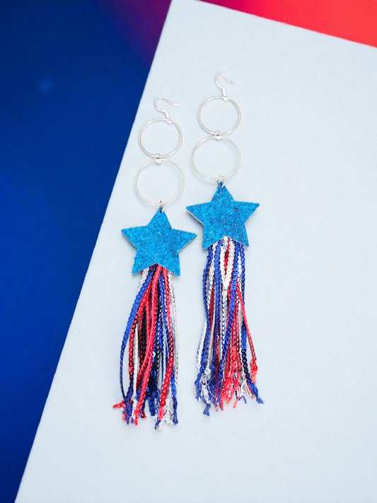 Fourth Of July Glitter Stars And Tassels Extra Long Dangle Earrings For Independence Day Jewelry