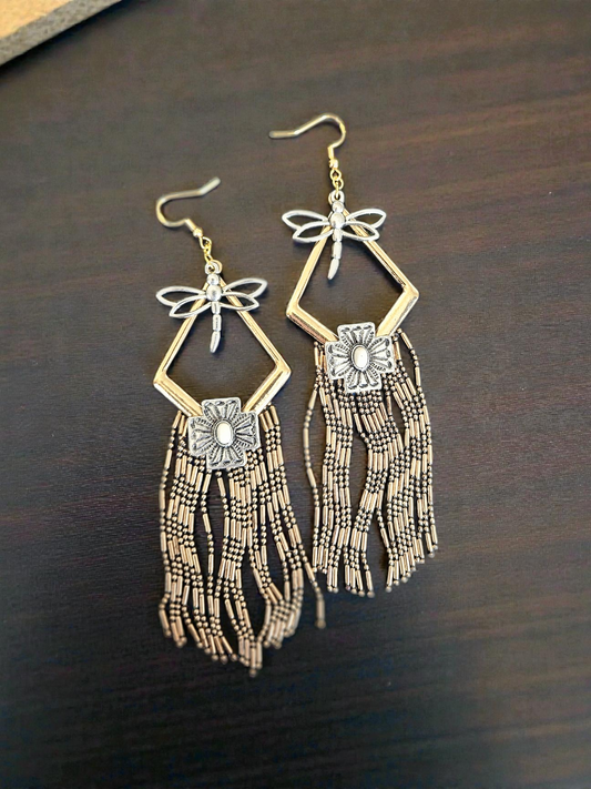 Upcycled Silvery Dragonflies on Golden Geometric Tassels Dangle Earrings