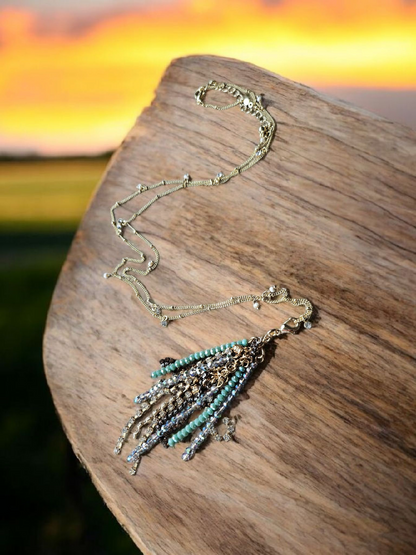 Multicolor Teal Glimmer Tassles on Long Shimmer Studded Gold Necklace