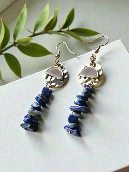 Stacked Lapis Lazuli Stones on Golden Circles and Gray Felt Charms Dangle Earrings