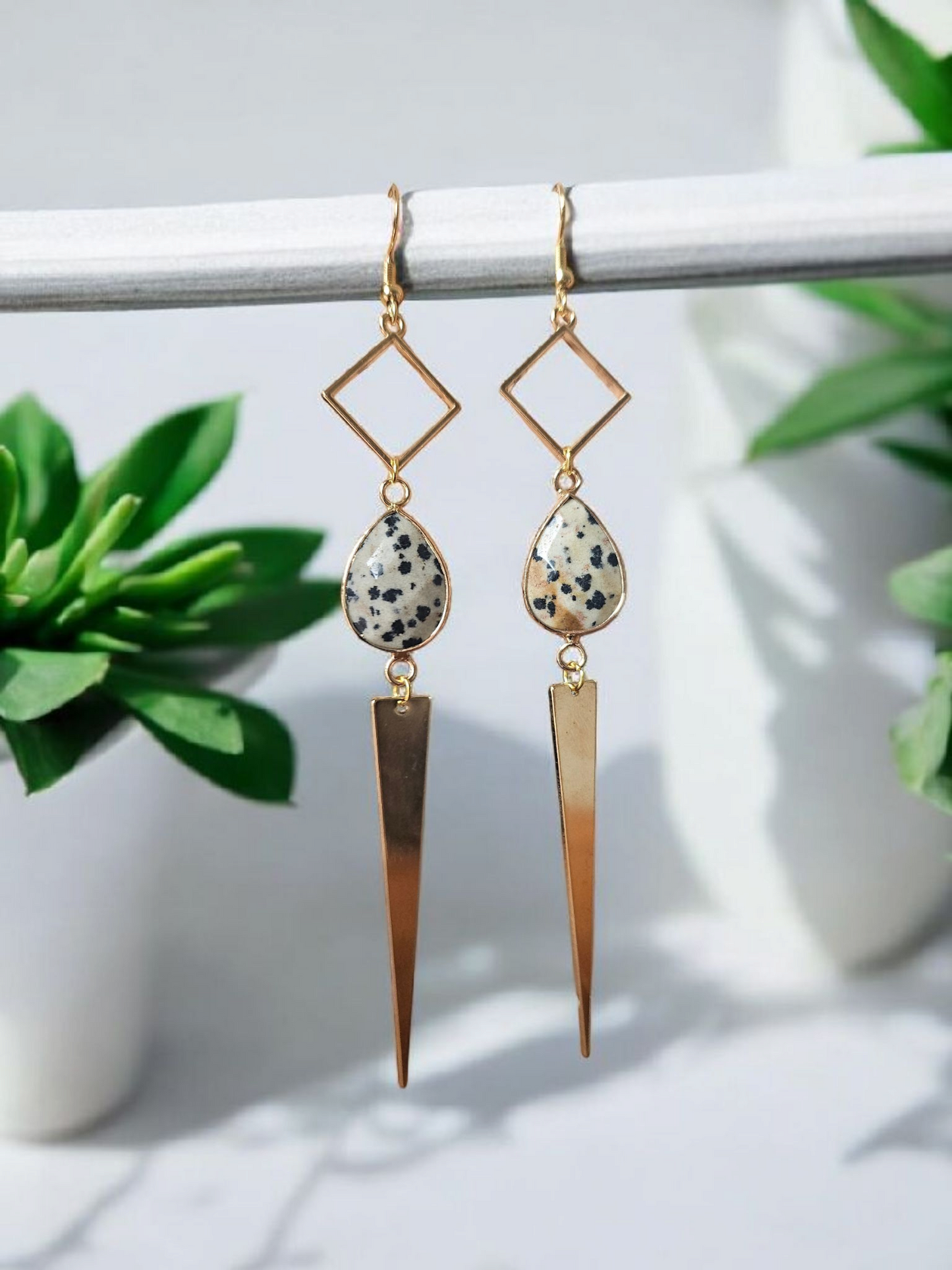 Dalmatian Jasper Gemstone on Geometric Dangle Long Earrings
