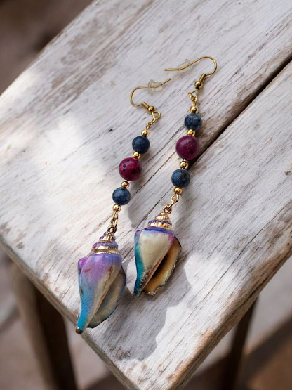 Purple and Blue Seashell Long Dangle Earrings