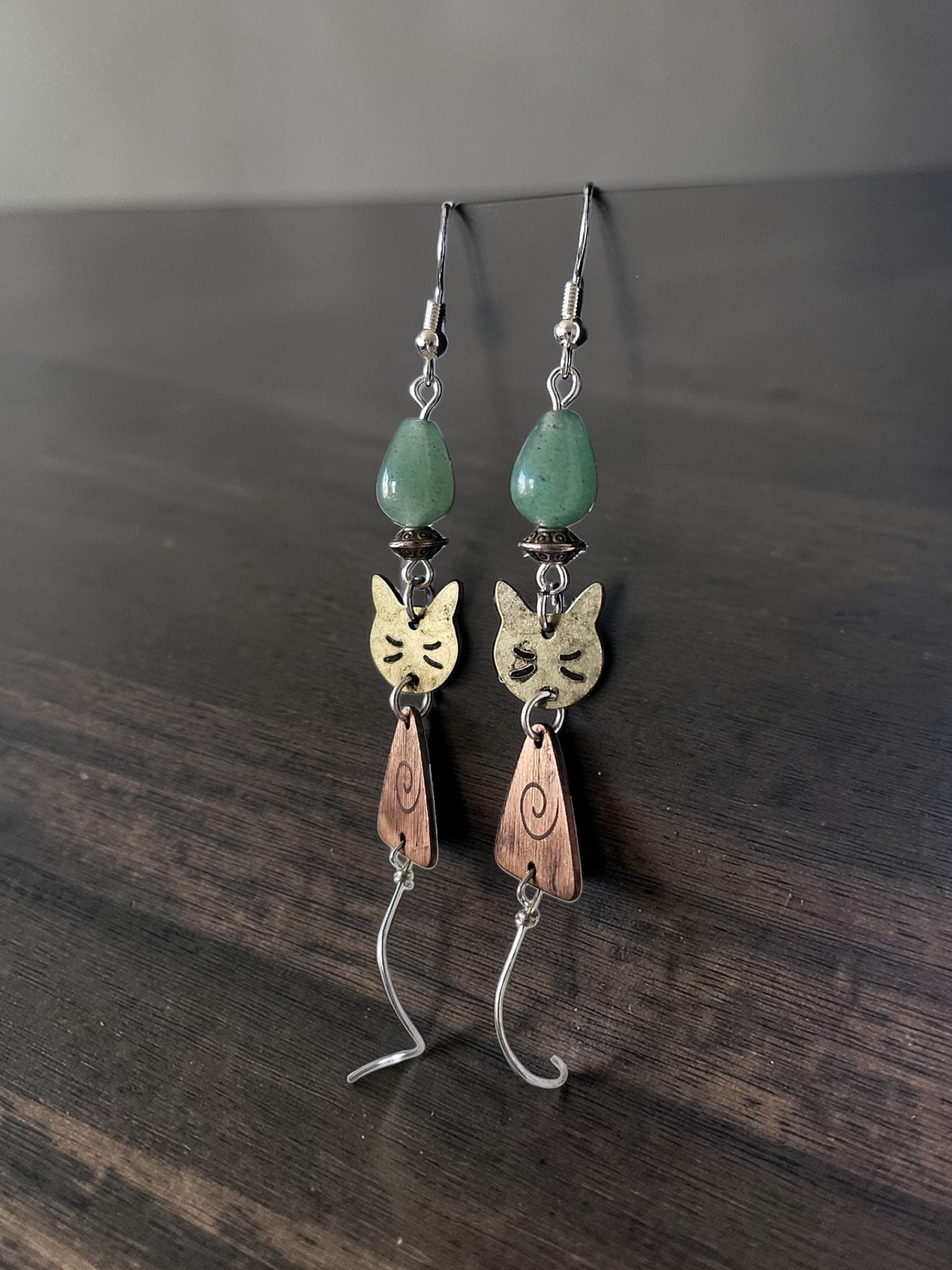 Copper Cats with Silver Tails on Aventurine Beads Dangle Earrings