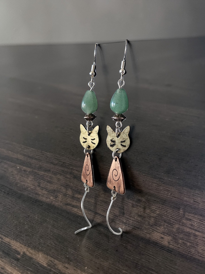 Copper Cats with Silver Tails on Aventurine Beads Dangle Earrings