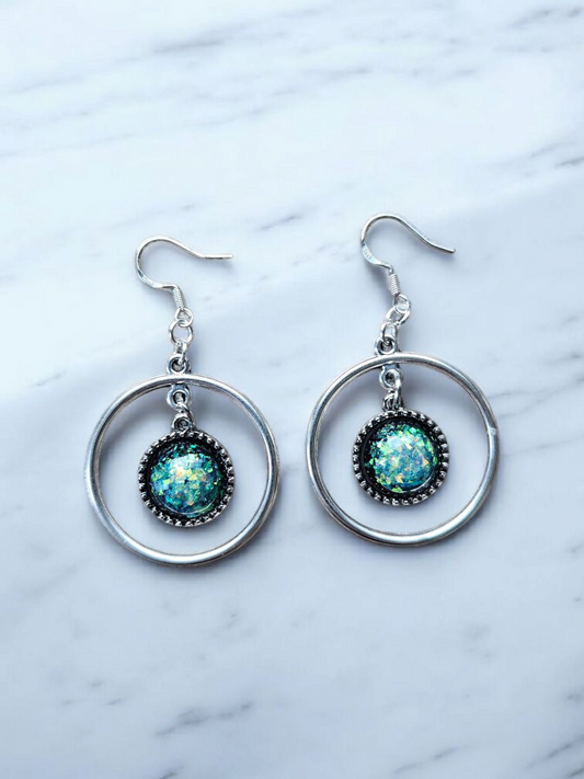 Silver Circles with Holographic Drops Dangle Earrings