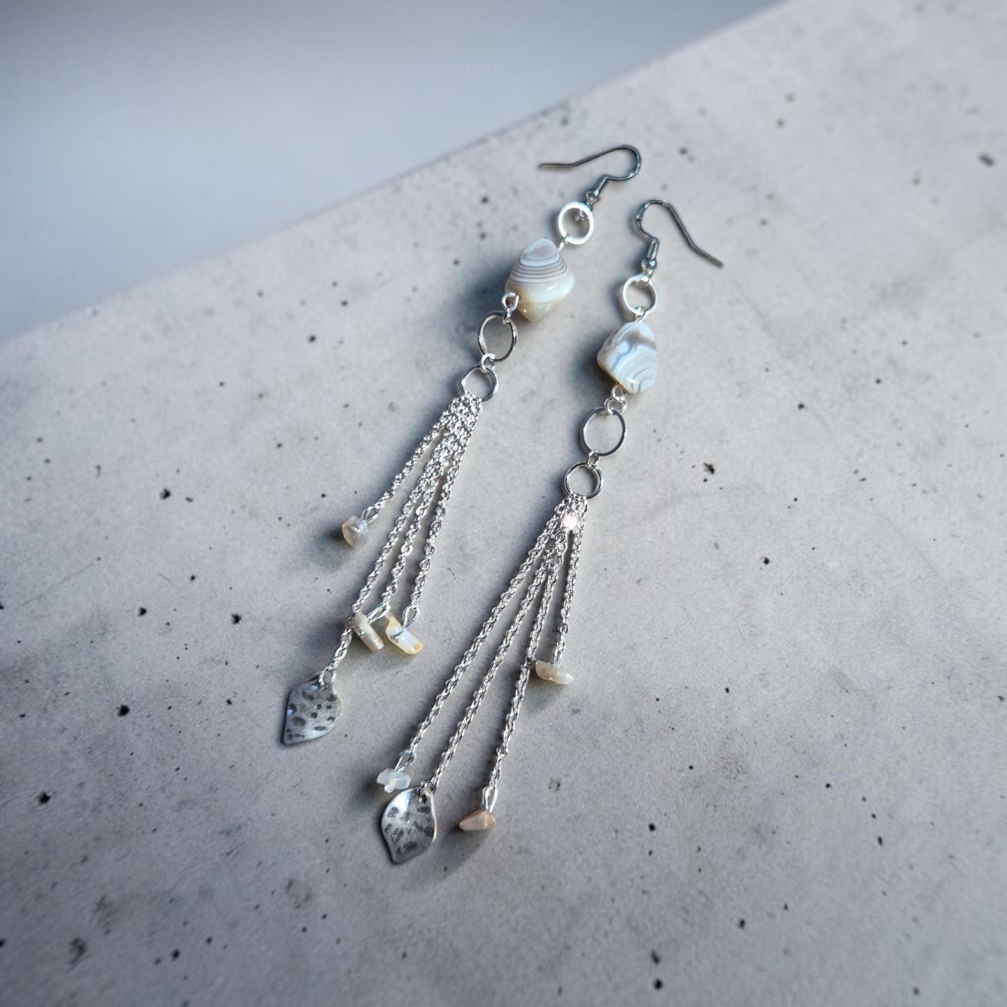 Brazil Agates on Silver Dangle Earrings with Agate Beaded Tassels