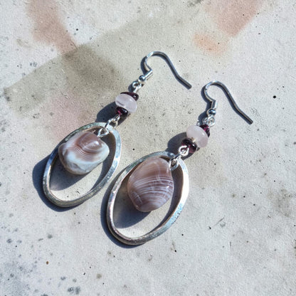 Brazil Agates on Silver Circles with Garnet and Rose Quartz Beads Dangle Earrings