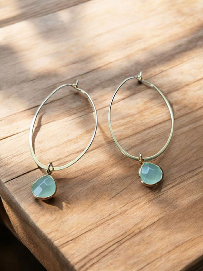 Round Teal Gemstone on Gold Oval Hoops