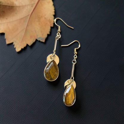 Tigers Eye Teardrops on Golden Bars Dangle Earrings