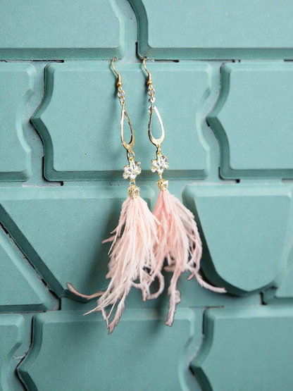 Glam Pink Feathers on Gold Dangle Long Dangle Earrings