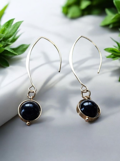 Black Shimmer Globes on Gold Dangle Earrings
