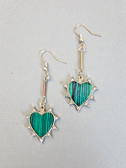 Shimmering Emerald Hearts on Golden Bars Dangle Earrings