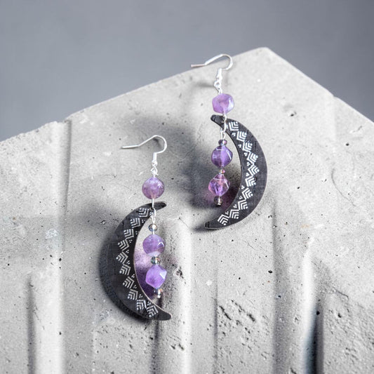 Crescent Moons and Amethyst Bead Upcycled Dangle Earrings