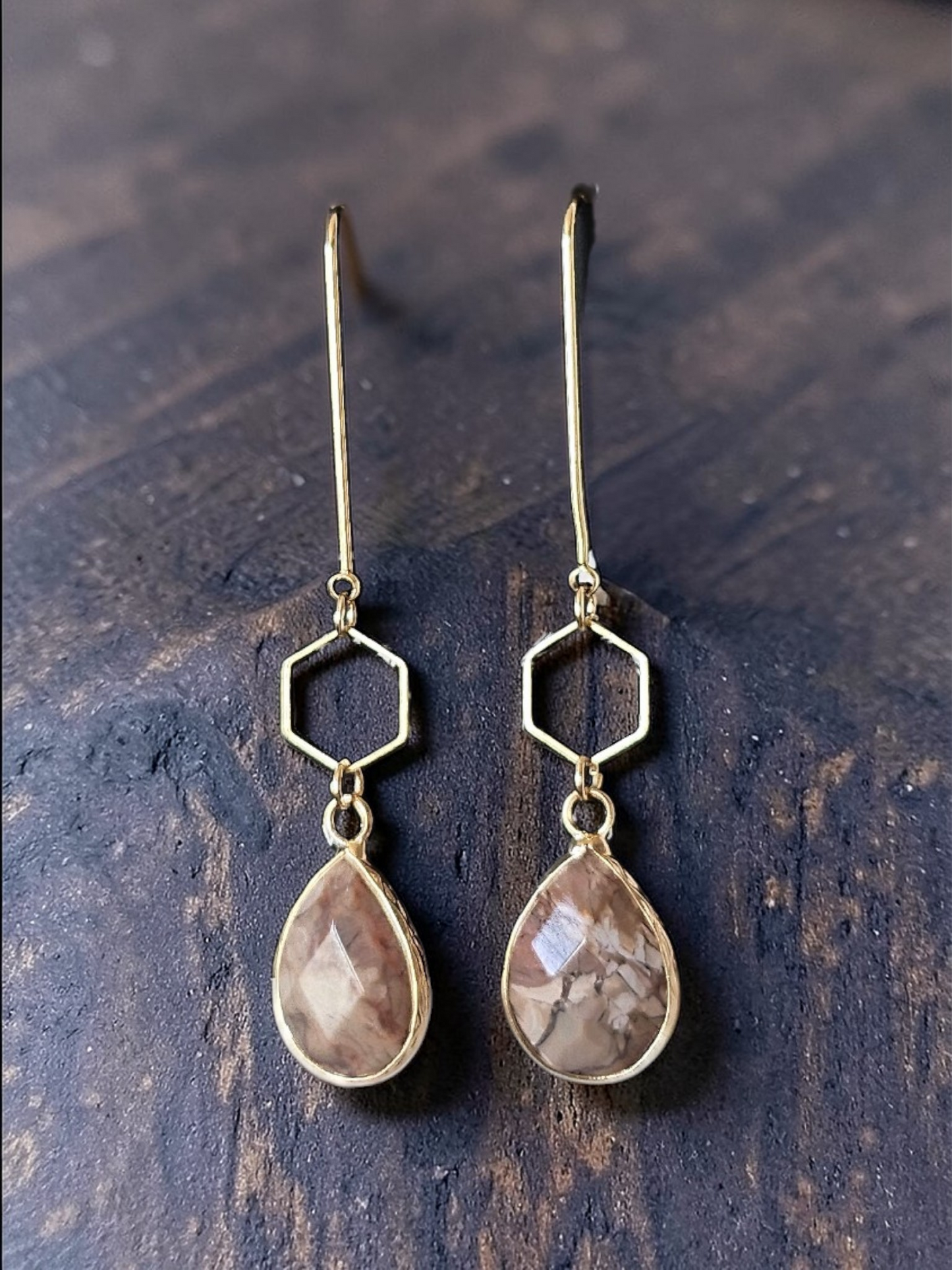 Teardrop Gemstones and Hexagons on Golden U-shaped Earrings