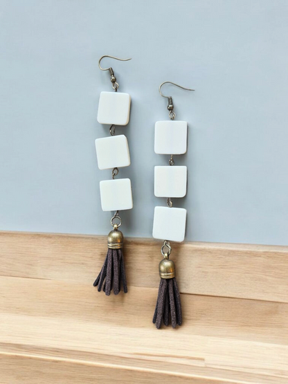 White Squares with Brown Tassles Long Dangle Earrings