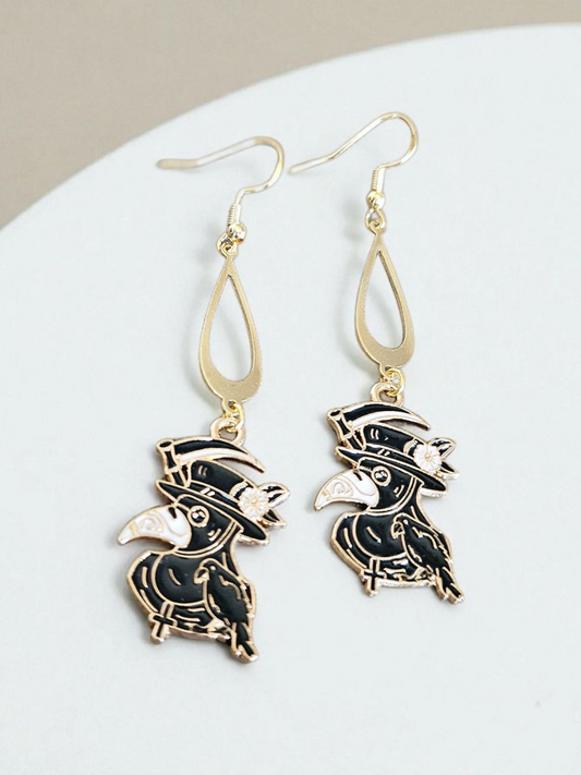 Plague Doctor Black And Gold Dangle Earrings Gothic Jewelry Accessory For Steampunk Style And Vintage Outfits