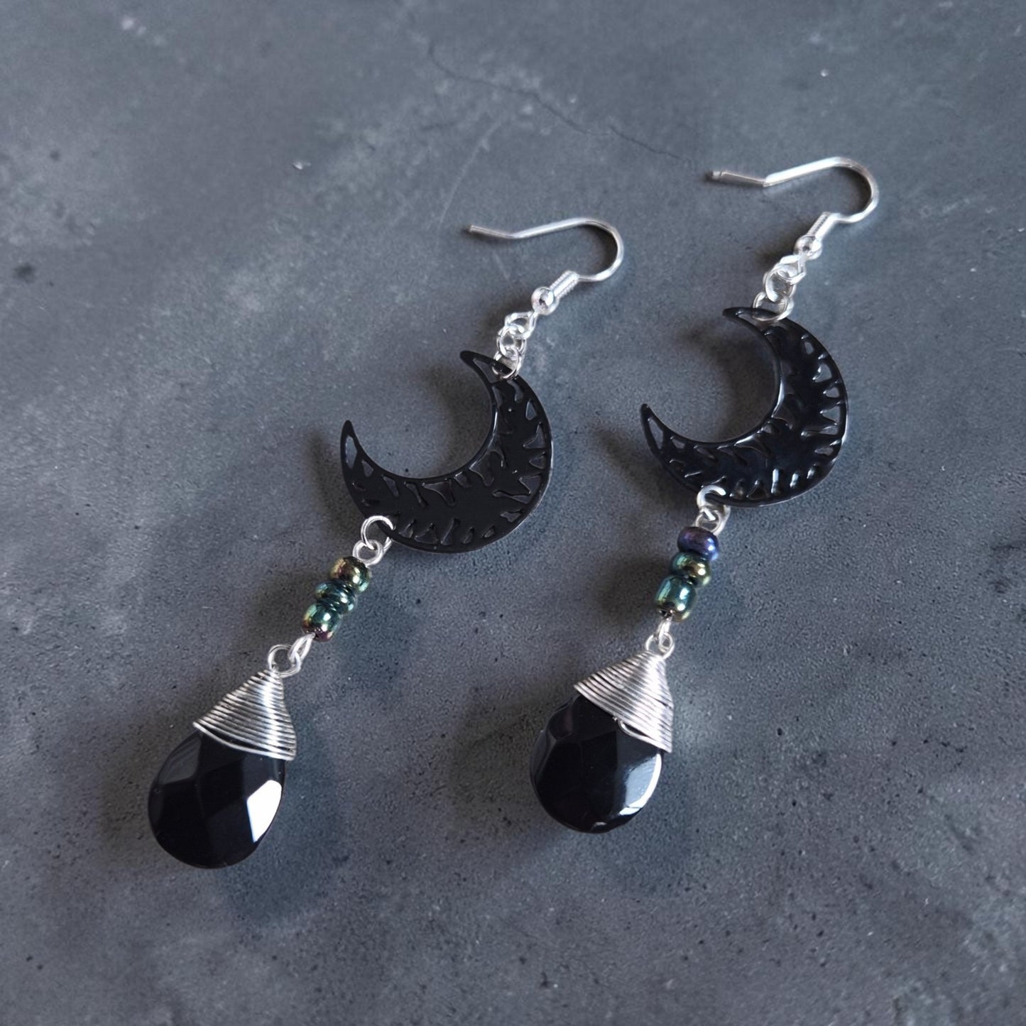 Black Moon and Silver Wrapped Black Gemstone Dangle Earrings