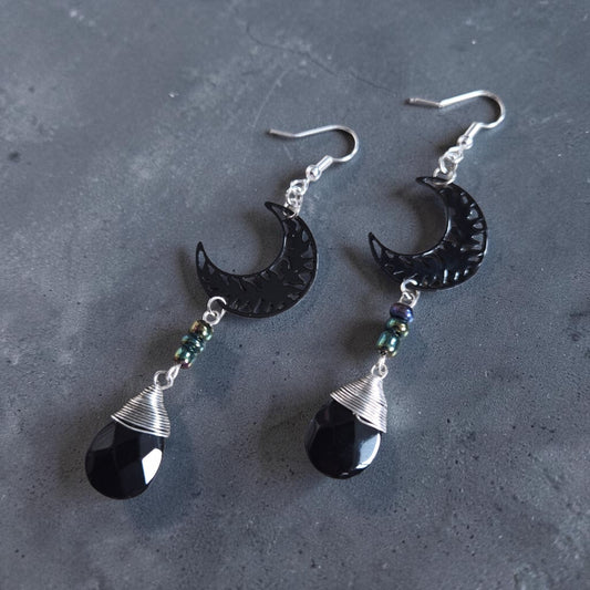 Black Moon and Silver Wrapped Black Gemstone Dangle Earrings