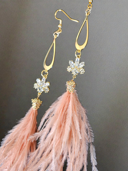 Glam Pink Feathers on Gold Dangle Long Dangle Earrings