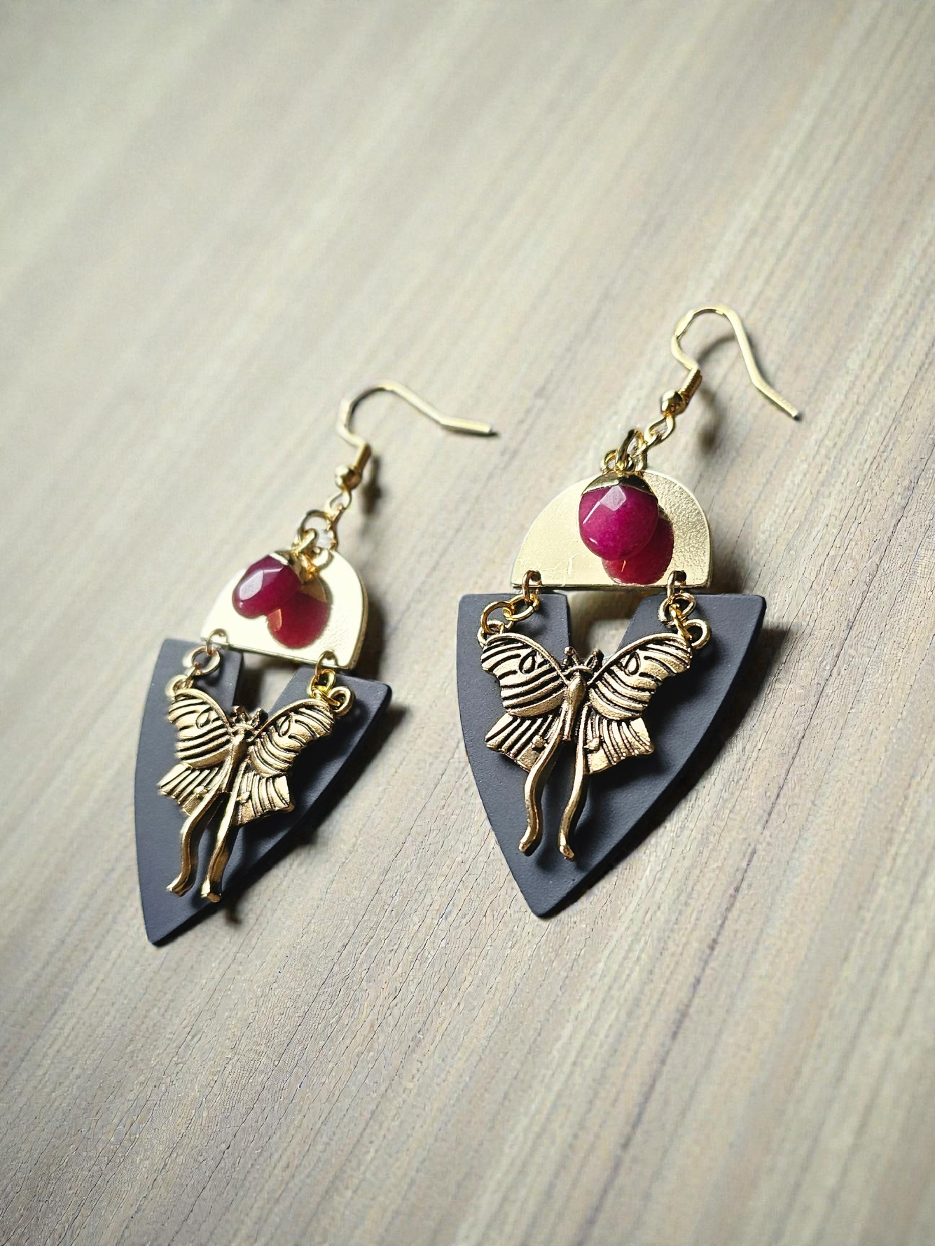 Upcycled Geometric Black and Golden Moth Dangle Earrings with Red Jasper Charms