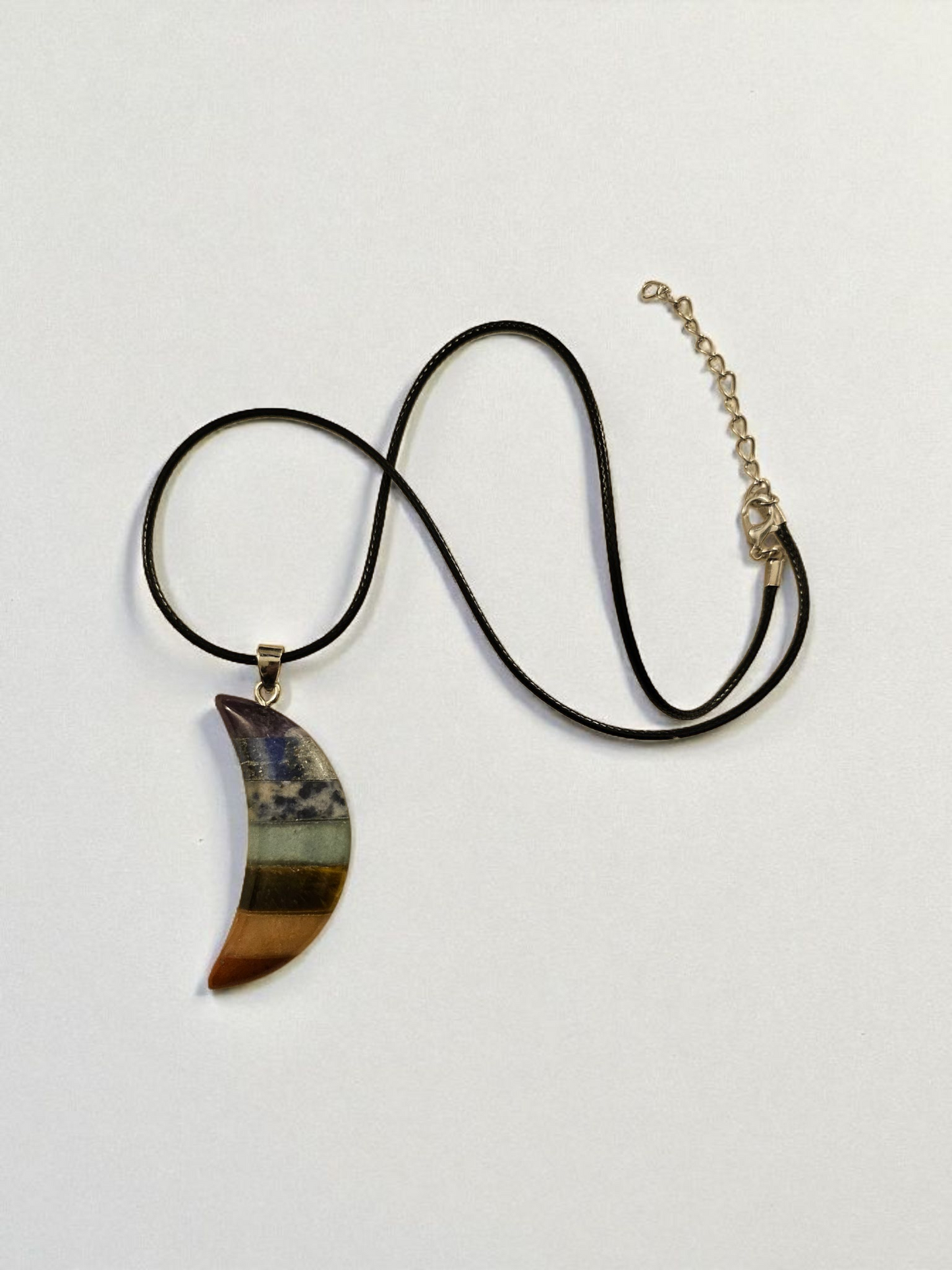 Rainbow Stone Crescent Moon Necklace On 16 Inch Black Leather Chain With Colorful Pendant