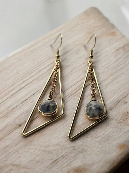 Upcycled Gold Wonky Triangle with Black and White Gemstone on Chains Dangle Earrings