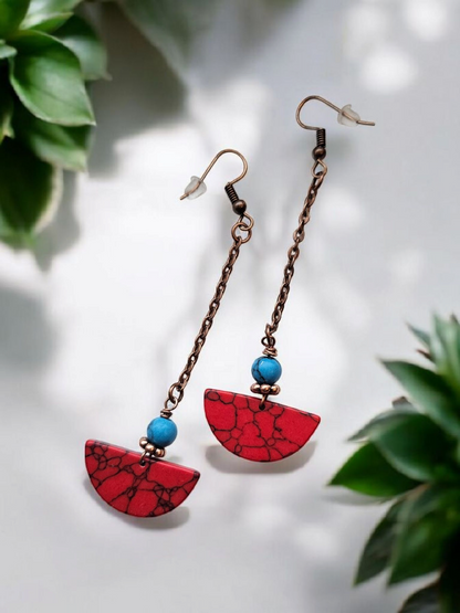 Upcycled Copper and Marbled Red Drop Dangle Earrings