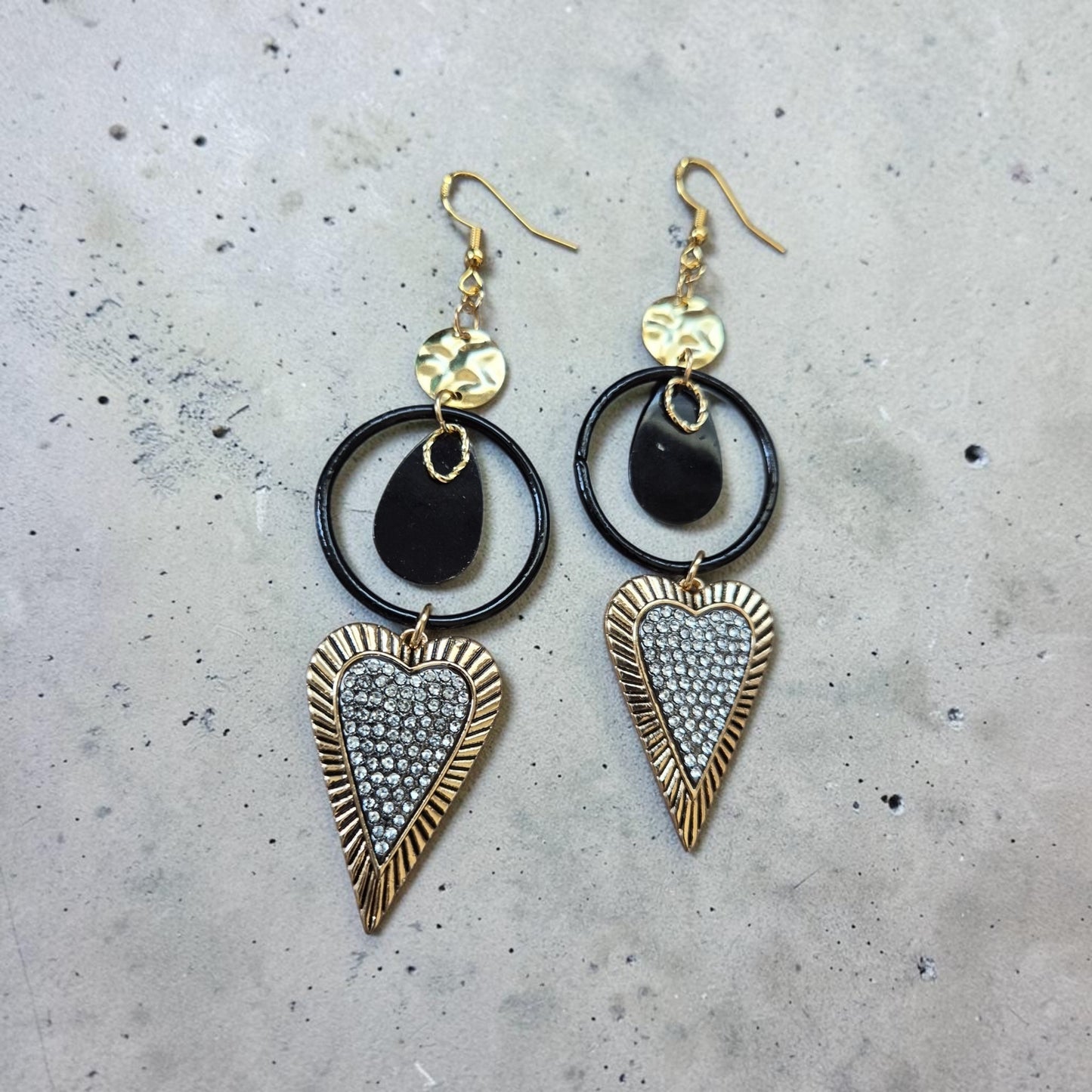 Upcycled Blingy Golden Hearts with Black Hoop Accents Dangle Earrings