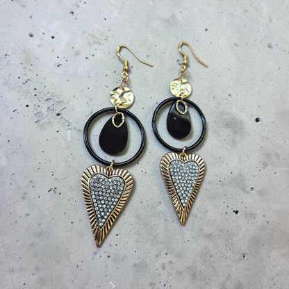 Upcycled Blingy Golden Hearts with Black Hoop Accents Dangle Earrings